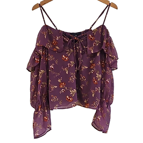 American Eagle Blouse Women's Small Purple Floral Cold Shoulder Stretch Y2K - Picture 2 of 8